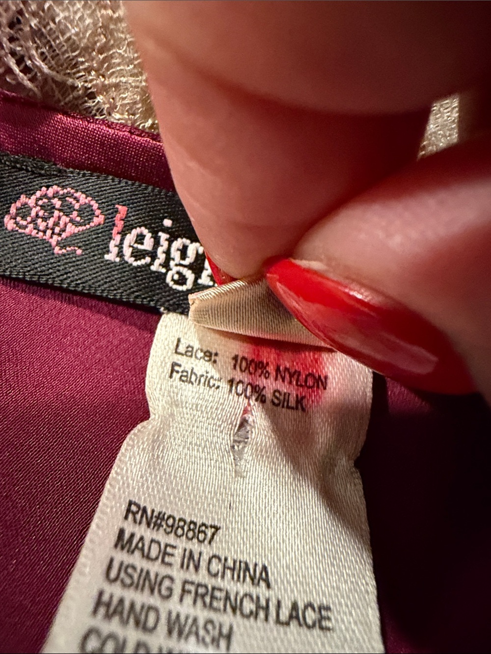 Leigh Bantivoglio -Cranberry Silk Chemise with Champagne Lace Trim - Picture 10 of 10